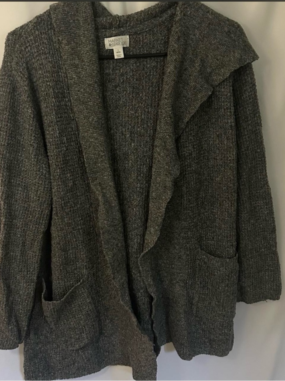 Market & Spruce Gray Hooded Open Front Chunky Knit Cardigan Petite Large